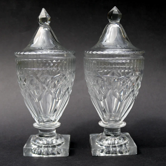 A pair of antique Georgian Irish small cut glass Urns / Bon Bon Jars C.1790 2