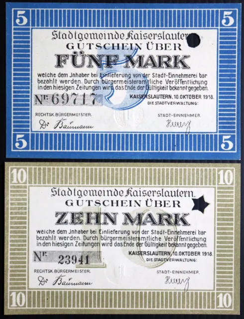 KAISERSLAUTERN 1918 5+10 Mark Grossnotgeld Banknote Lot German Notgeld WWI