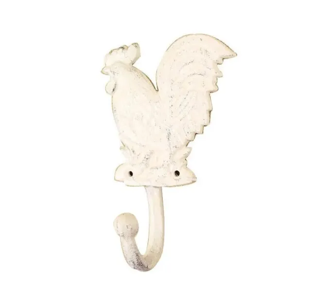 Rooster Wall Hook Hanger Cast Iron Whitewashed Rustic Country Antique Style 6.5"