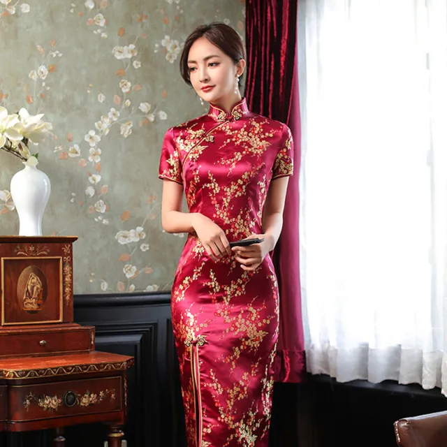 Chinese Traditional Qipao Dress Women Summer Silk Satin Cheongsam Evening Gowns