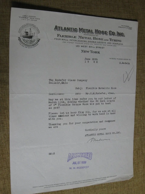 ATLANTIC METAL HOSE COMPANY Letterhead Letter Flexible 1938 New York City NY 5