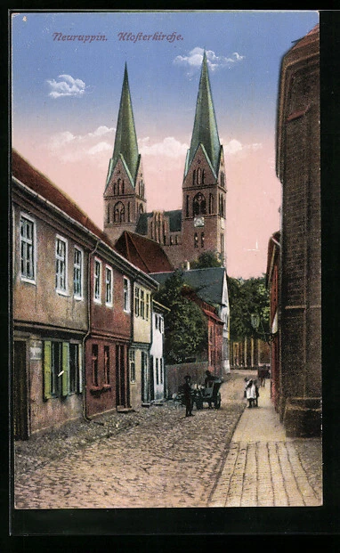 AK Neuruppin, Straßenpartie mit Klosterkirche 1924