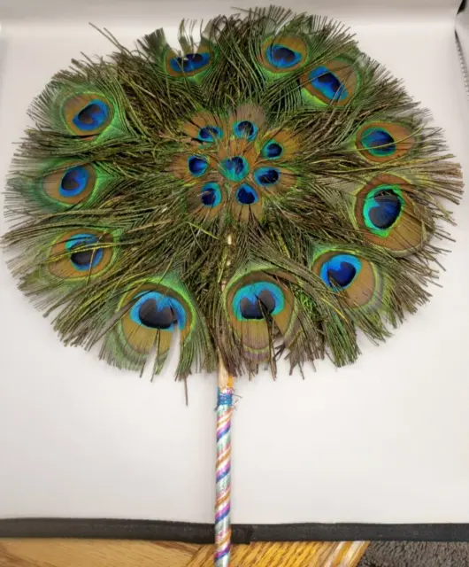 Real Peacock Feather Round Fan With Metallic Colorful Ribbon Wrapped Handle