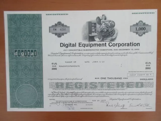 historisches Wertpapier DEC Digital Equipment Corporation 1977, 4 1/2% 1.000 US$