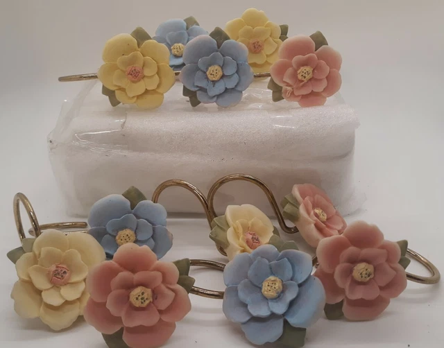 Vtg Floral Brass Resin Curtain Clips Pink Yellow Blue  Home Accents Decor