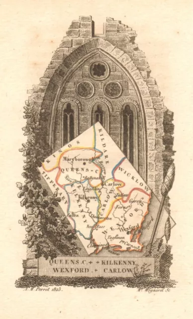 QUEENS COUNTY/LAOIS, KILKENNY, WEXFORD & CARLOW antique county map. PERROT 1824