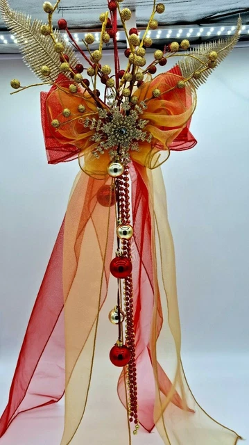 Gold Red Christmas Tree Topper Bow Large Handmade Luxury Bow