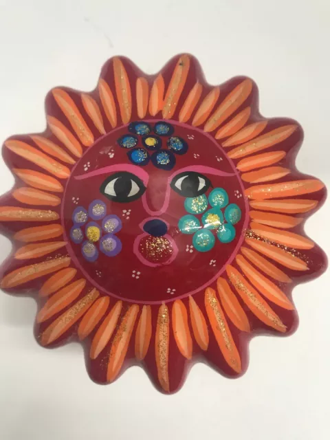 Mexican Pottery Trinket Box Sun Design Folk Art Mexico Multicolor 4.25” Wide