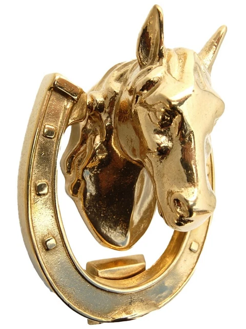 Heurtoir de porte / Marteau d'entrée en laiton poli - Buste de cheval et fer 2