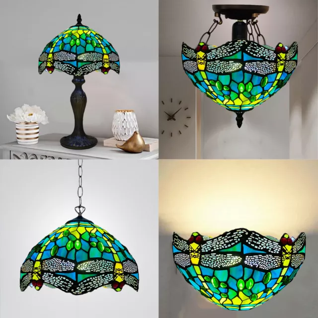 Dragonfly Tiffany 10-12" Lamp Handmade Art Stained Glass E27 Light Home Decor UK