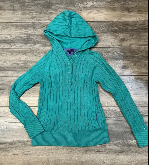 Girl's Tommy Hilfiger  Hoodie Cable Knit Sweater Size XL 14 16 Pockets Teal