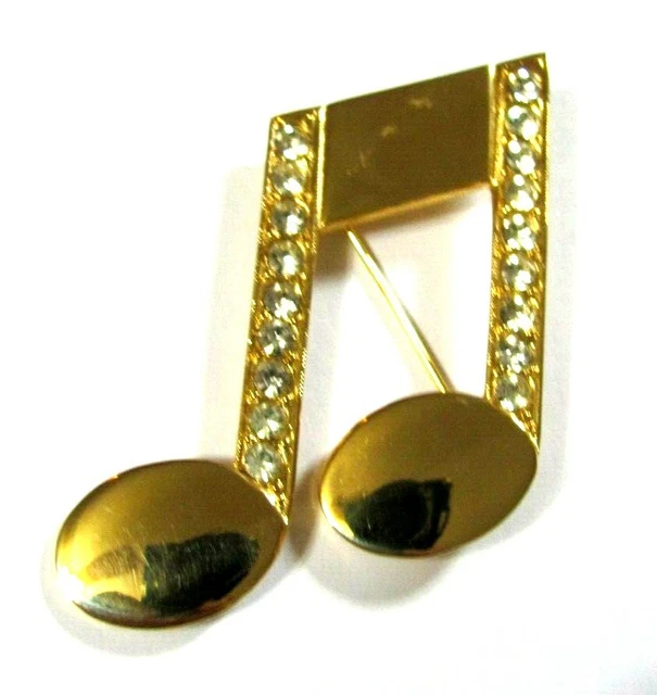 Vintage JJ Jonette Gold Tone & Rhinestone Musical Notes Brooch Pin