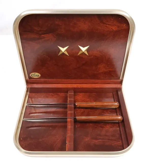 RARE Vintage Case XX Wood and Metal Steak Knife BOX with 2 Steak Knives READ