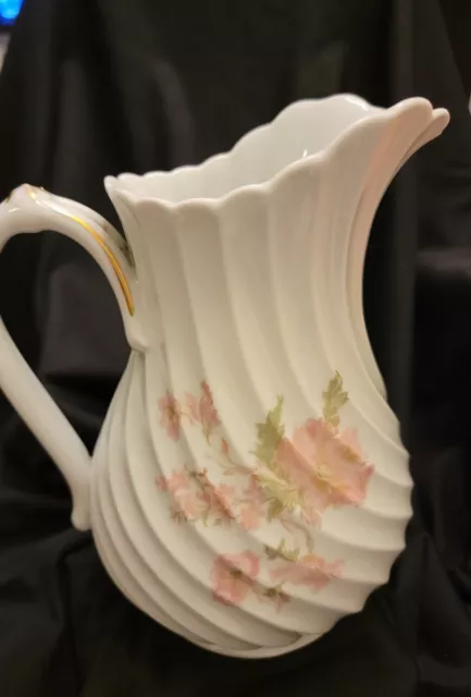 Haviland France Limoges Water Swirl Pitcher With Pink Flowers And Green Leaves