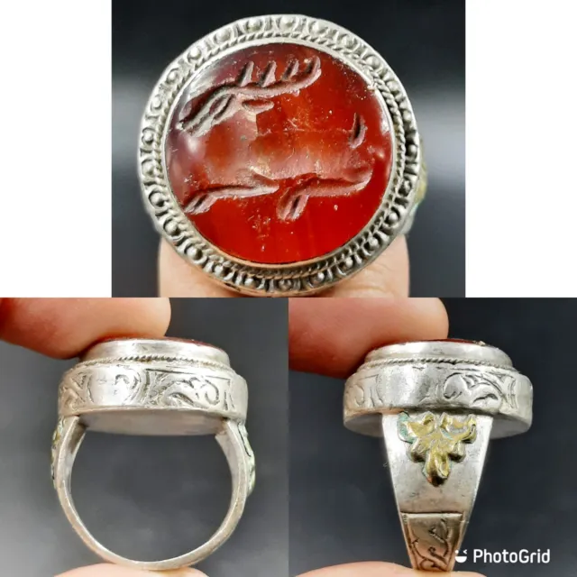 Ancient Roman Natural Carnelian Agate Stone Animal Engraved Intaglio Seal Ring