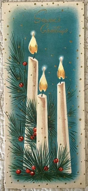 Unused Christmas Candles Flame Pine Gold Dots Vintage Greeting Card 1960s 1970s