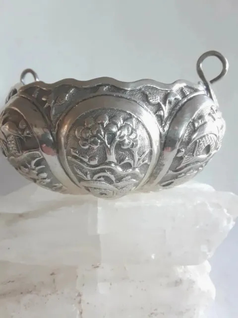 Antique Solid Silver Anglo Indian Bowl Circa 1920 Repousse Hunt Scenes 88 Gr