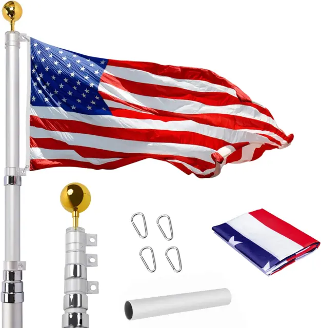 20' Telescoping Flag Pole Kit16 Gauge Aluminum Ground Flag Poles w/ 3X5 USA Flag