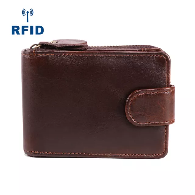 Mens Cowhide ​Leather Wallet RFID Blocking Credit Card Holder Zipped Coin Pocket