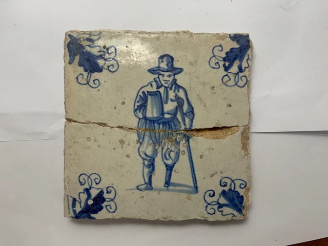 Antique Dutch Delft Blue & White Tile One Legged Man With Crutch & Flagon Damage