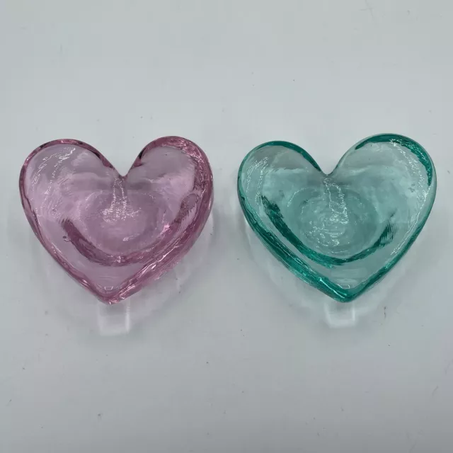 Fire And Light Recycled Glass Pink & Aqua Heart Tea Light Holder 3” Trinket Dish