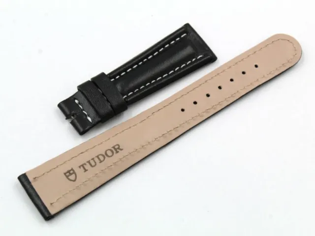 Watch Strap TUDOR Black Real Leather Trim White New Measures: 20/16mm Hand Made