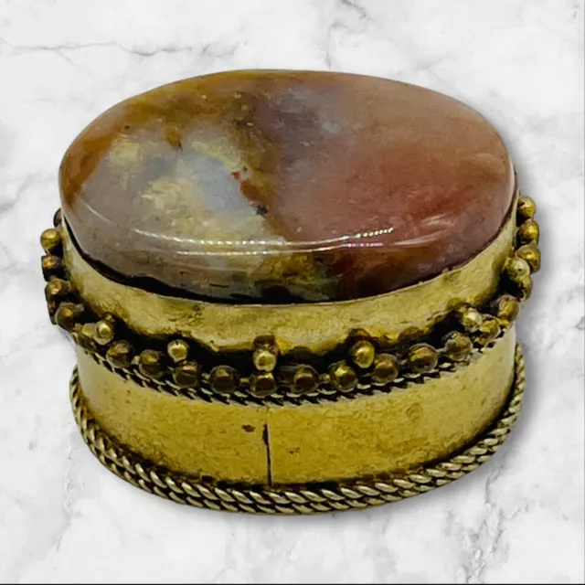 Vintage Metal Handmade Snuff Trinket Pill Oval Box Polished Agate Top Cabochon