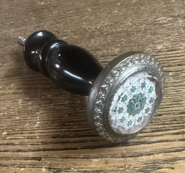 Antique Victorian Green/White Glass Screw-In Curtain Tieback W/Fancy Wooden Base