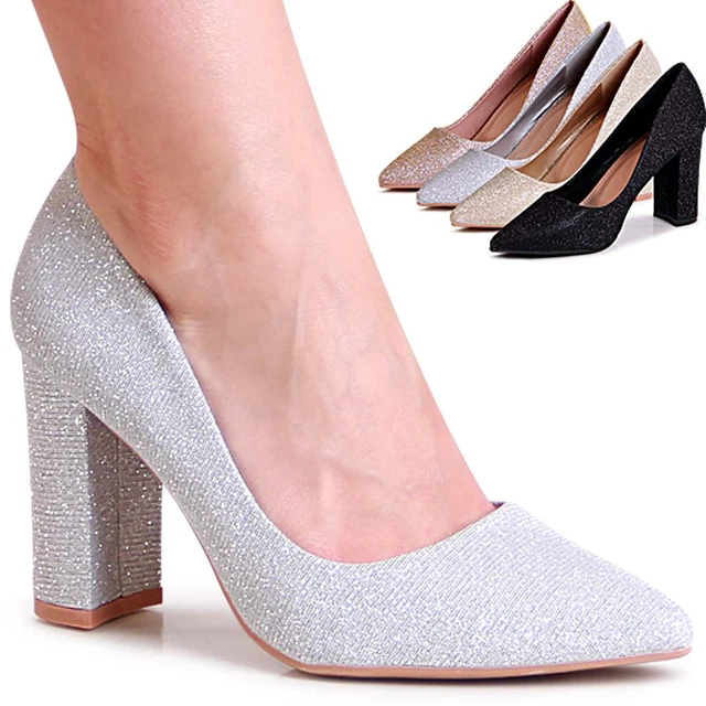 Femmes Dentelle Escarpins Paillettes Talons Hauts Talon en Bloc Fête Soirée