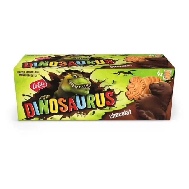 LOT DE 4 - LOTUS - Dinosaurus Biscuits nappés au Chocolat noir - boite de 230 g
