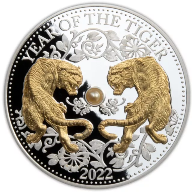 2022 Fiji 1 oz Silver Year of the Tiger Proof Gold Gilded with Pearl Insert
