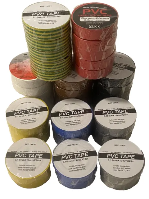 40 x ROLLS OF PVC ELECTRICAL TAPE Black Yellow Blue White Brown Grey Red Earth
