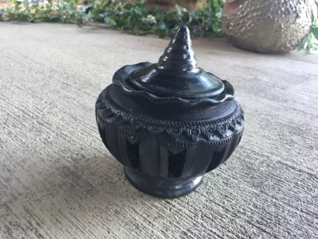 Unique Vintage Black Lidded Clay Cut Out Vessel/Pottery. Rustic/Primitive.