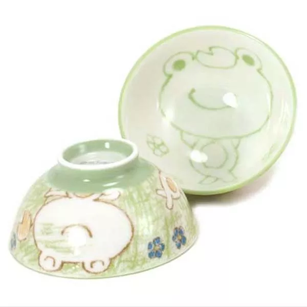 2 PCS. Japanese 4-1/8"D Children Porcelain Rice Bowls Green Frogs Made in Japan