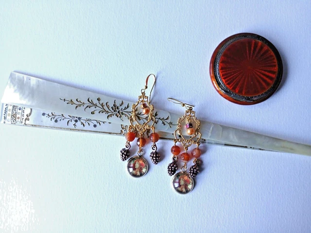 Boucles D'oreilles Vintage Cabochons Verre - Fait Main - Style Bohème