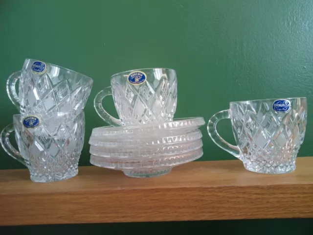 Set x4 Preowned Vintage Bohemian Czech Republic Crystal Glass Tea Cups & Saucers