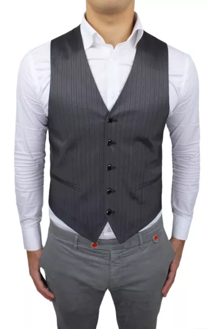 Panciotto Gilet Uomo Diamond Fb Class Grigio Rigato Smanicato Elegante Cerimonia