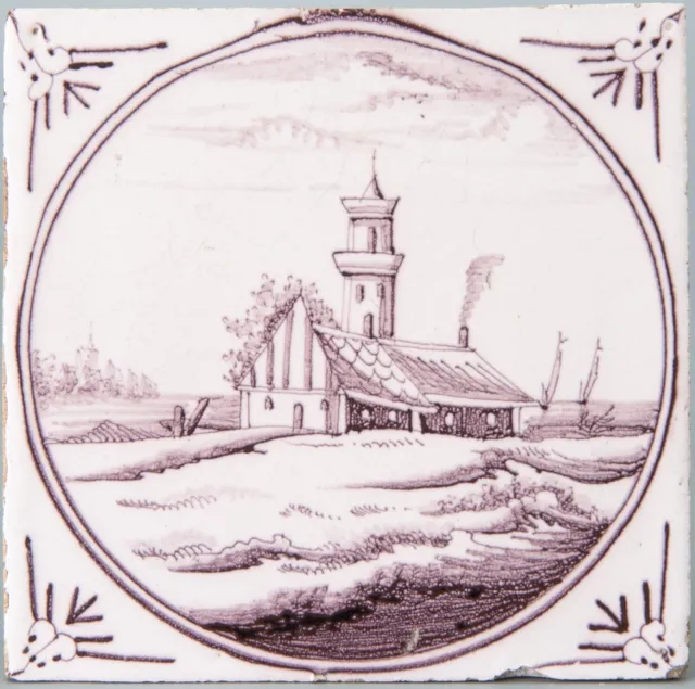 Nice Dutch Delft Manganese tile, landscape with a farm and ships, 18th century.