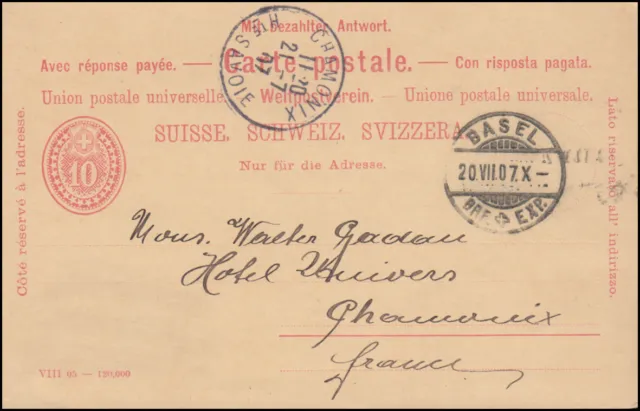 Schweiz Postkarte P 21 Ziffer im Oval Doppelkarte 10/10 C. BASEL 20.8.1907