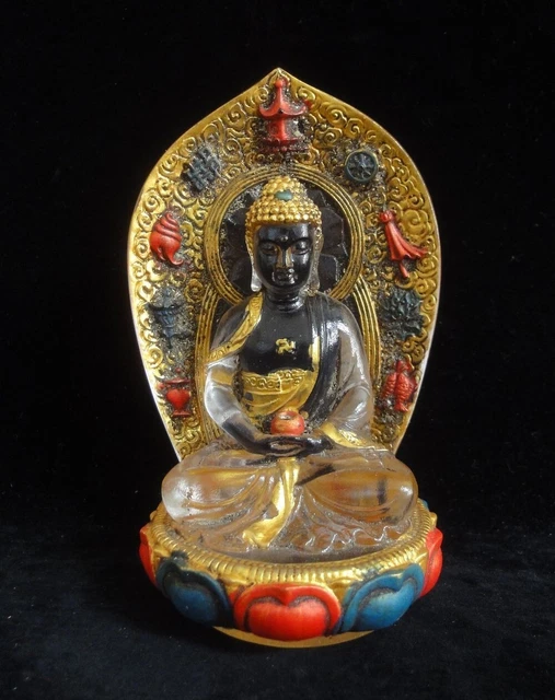 Fine Old Chinese Gilt Clear Crystal Buddha Seated Statue Sculpture