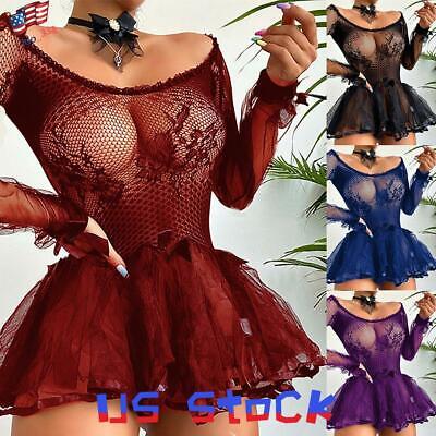 Sexy Women Lingerie Babydoll Lace Mesh Cosplay Mini Dress Set Sleepwear Skirts
