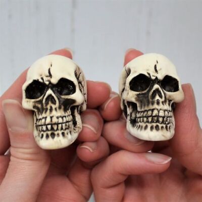 Gothic PAIR of Small IVORY / Black Resin Skulls Unique Birthday Christmas Gift