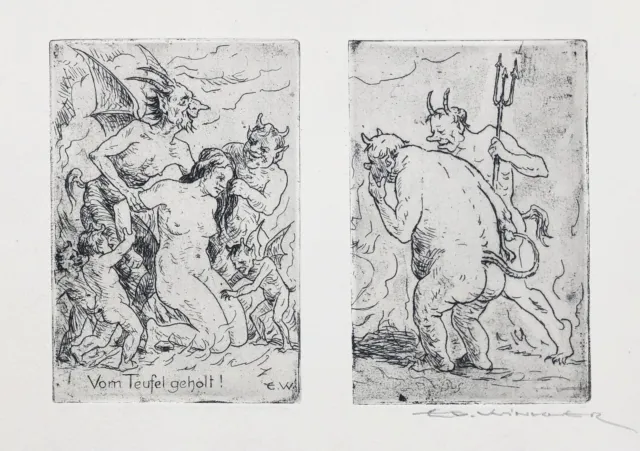 Vom Teufel geholt Hölle devil Satan etching Radierung / Eduard Winkler 1884-1978