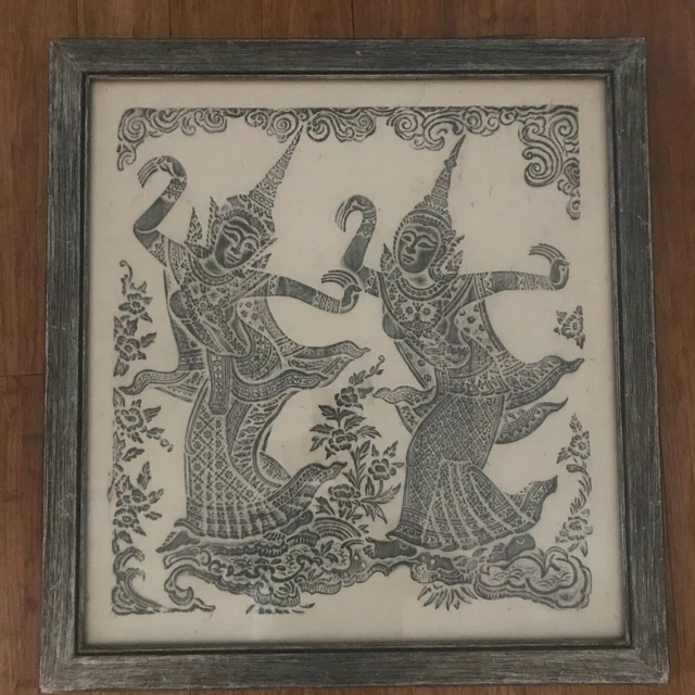 REDUCED! Vintage  Thai Temple Rubbing w/two Green Dancers