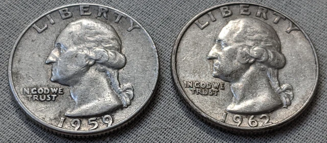 Set of 2 Washington Silver Quarters - 1959 D and 1962 D - 90%