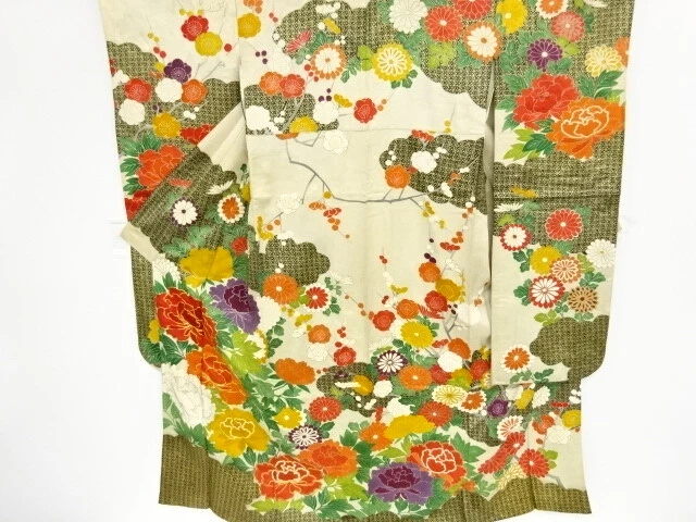 42151# Japanese Kimono / Antique Furisode / Embroidery / Peony & Kiku &