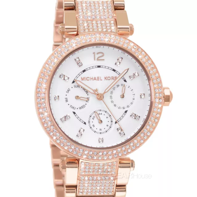 Michael Kors Parker Womens Pave Glitz Watch White Dial Rose Gold Stainless Steel