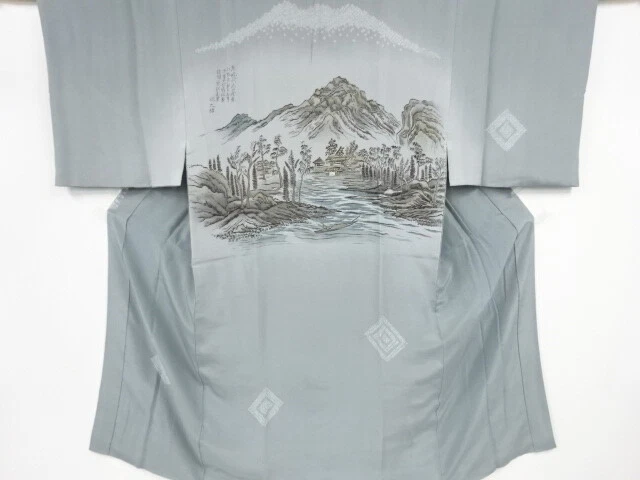 37231# Japanese Kimono / Antique Mens Juban / Shibori / Scenery