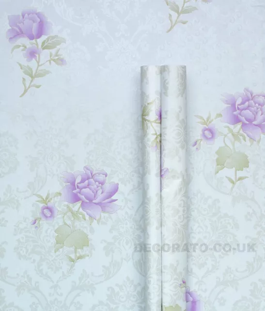 5m or 10m Shabby Chic Floral Purple Victorian Sticky Back Vinyl Wallpaper Rose