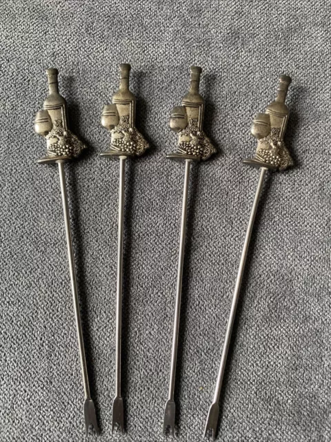 Vintage Silver Wine Bottle + Grapes Set Of 4 Olive/Cocktail Picks Bar Kitchen